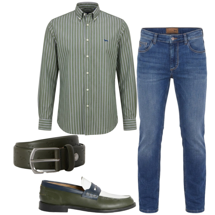 Outfit uomo - Passo col verde. Stile Trendy per Serata speciale. Abbinamento con scarpe stringate, camicie, cinture, jeans.