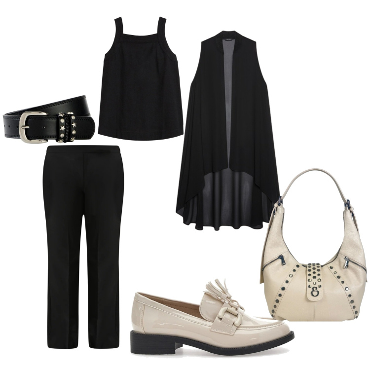 Outfit donna - 2 matrimonio. Stile Casual per Cerimonia. Abbinamento con gilet, borse a spalla, pantaloni, mocassini, bluse, cinture.