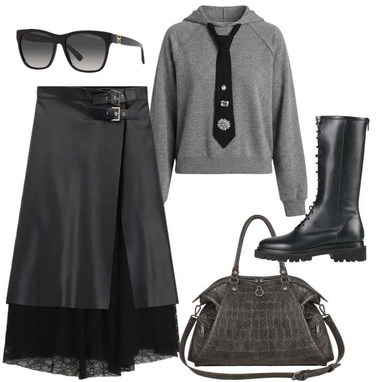 Outfit donna - Nuove tendenze A/W ‘26. Stile Trendy per Tutti i giorni. Abbinamento con stivali, gonne longuette, felpe con cappuccio, shopping bag, occhiali da sole.