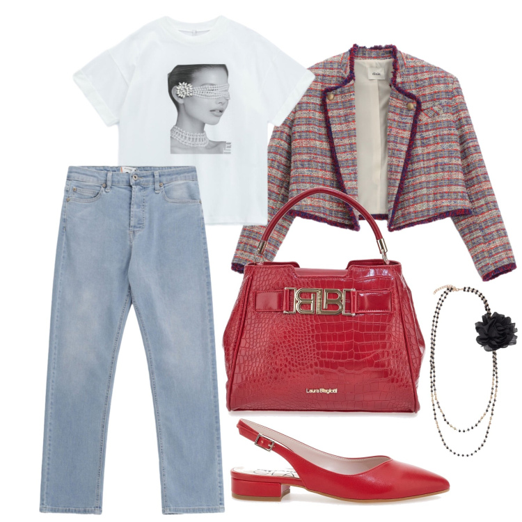 Outfit donna - Settembre. Stile Casual chic per Tutti i giorni. Abbinamento con t-shirt, blazer, jeans, collane, ballerine, borse a mano.