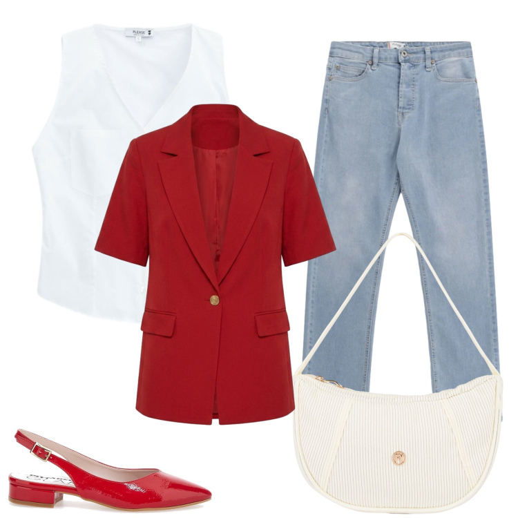 Outfit donna - Total look #2464025. Stile Casual chic per Tutti i giorni. Abbinamento con jeans, blazer, camicie, borse a mano, ballerine.