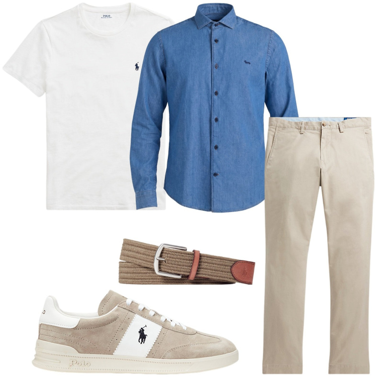 Outfit uomo - Camicia in denim e pantalone neutro. Stile Trendy per Tutti i giorni. Abbinamento con camicie, cinture, pantaloni, t-shirt, sneakers.