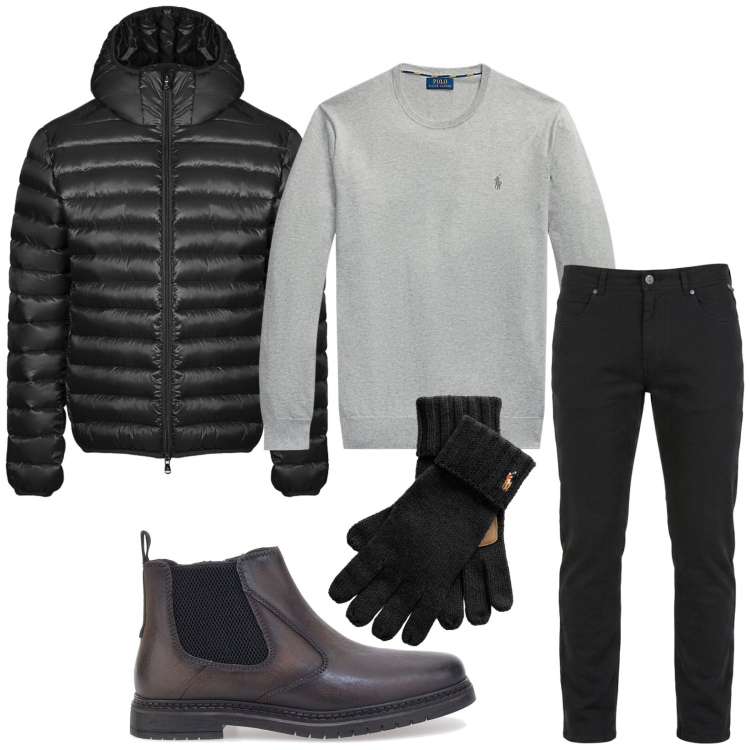 Outfit uomo - Look moderno. Stile Trendy per Tutti i giorni. Abbinamento con pantaloni, bomber, maglieria, guanti, stivali e stivaletti.
