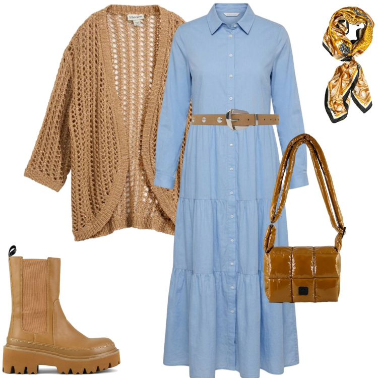 Outfit donna - Chemisier autunnale. Stile Casual chic per Tutti i giorni. Abbinamento con cardigans, vestiti chemisier, cinture, borse a spalla, foulard, stivaletti chelsea.