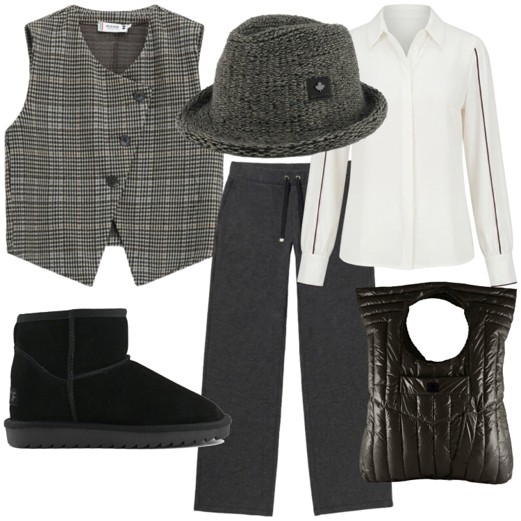 Outfit donna - Back to School. Stile Preppy per Scuola/Università. Abbinamento con gilet, pantaloni, borse a mano, cappelli, camicie, stivali.