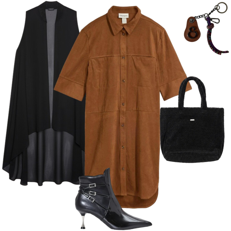 Outfit donna - Chemisier autunnale. Stile Casual chic per Tutti i giorni. Abbinamento con vestiti chemisier, stivaletti, borse a mano, gilet, portachiavi.