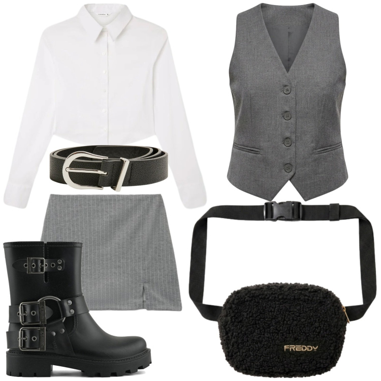 Outfit donna - Back to School. Stile Preppy per Scuola/Università. Abbinamento con cinture, camicie, minigonne, borse a tracolla, gilet, stivali.