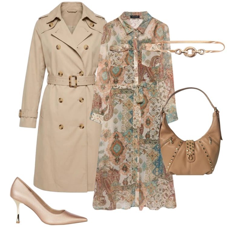 Outfit donna - Chemisier autunnale. Stile Casual chic per Serata fuori. Abbinamento con cinture, décolleté, vestiti chemisier, borse a spalla, trench.