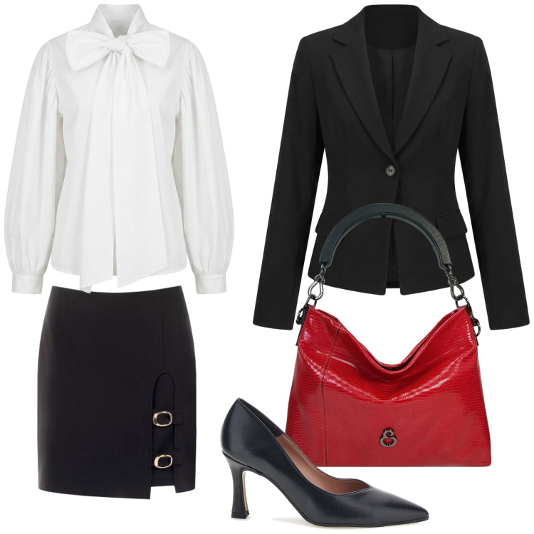 Outfit donna - Back to Office. Stile Chic per Ufficio. Abbinamento con minigonne, camicie, borse a mano, blazer, décolleté.