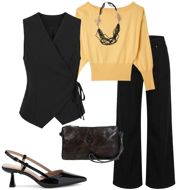 Outfit donna - Settembre in ufficio. Stile Casual chic per Ufficio. Abbinamento con collane, pullovers, pochette, gilet, pantaloni, décolleté.