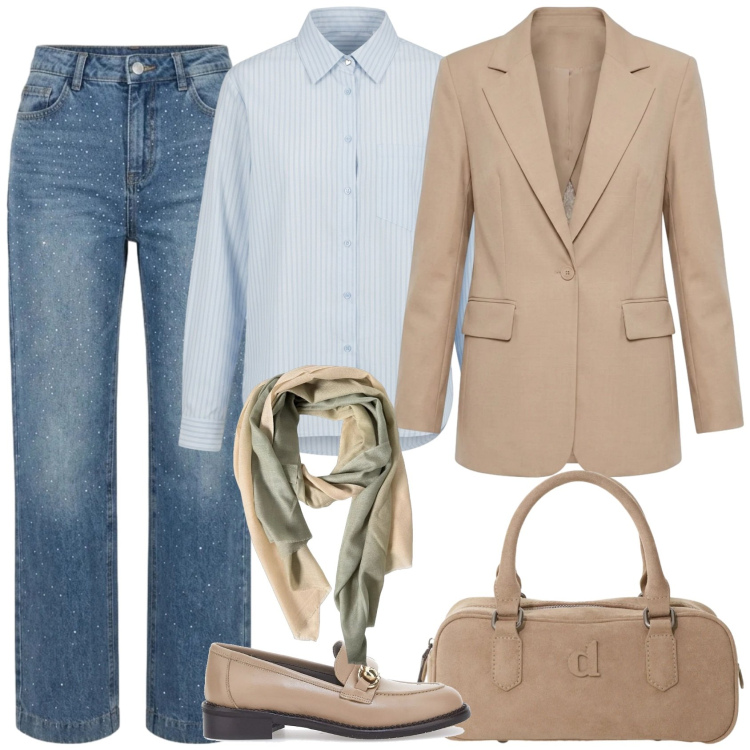 Outfit donna - Semplicemente ricercato. Stile Mannish per Ufficio. Abbinamento con borse a mano, blazer, foulard, jeans, camicie, mocassini.
