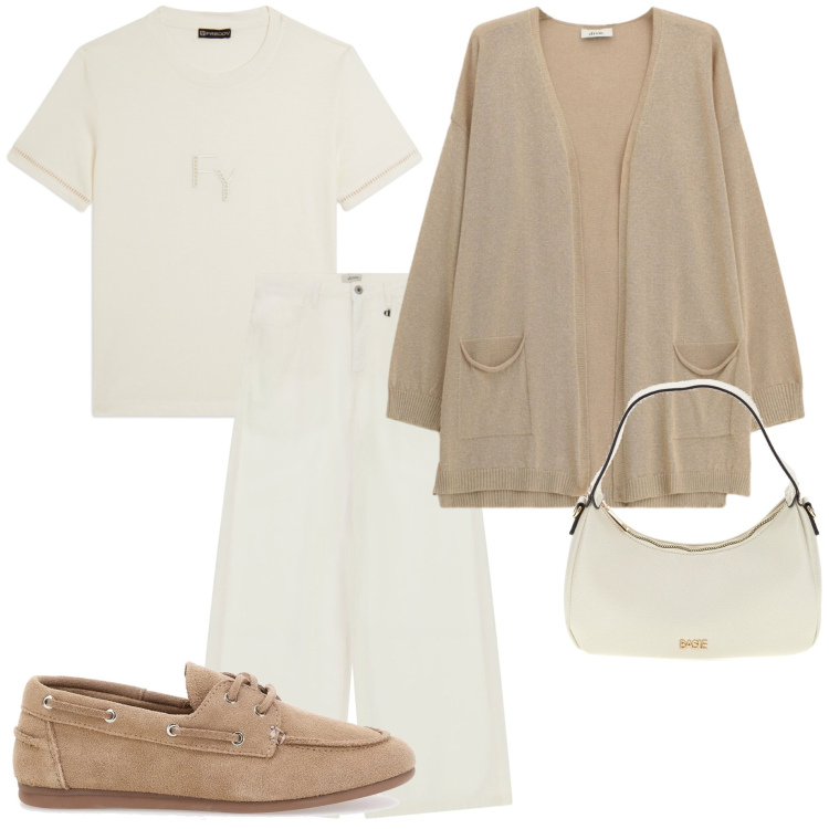 Outfit donna - Urban autunnale. Stile Urban per Tutti i giorni. Abbinamento con t-shirt, pantaloni a palazzo, cardigans, scarpe stringate, borse a tracolla.