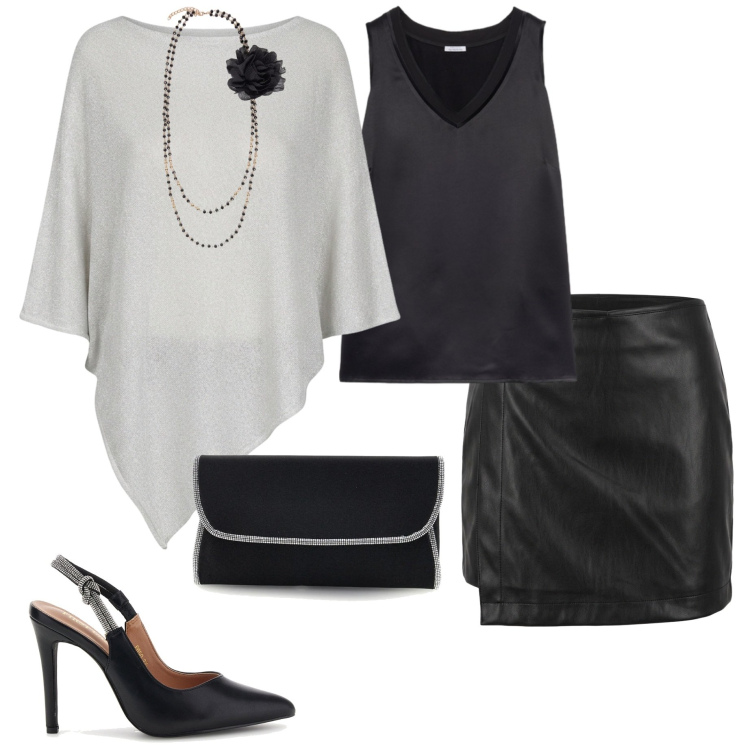 Outfit donna - Serata evento. Stile Chic per Serata fuori. Abbinamento con top, collane, cappotti, minigonne, décolleté, pochette.