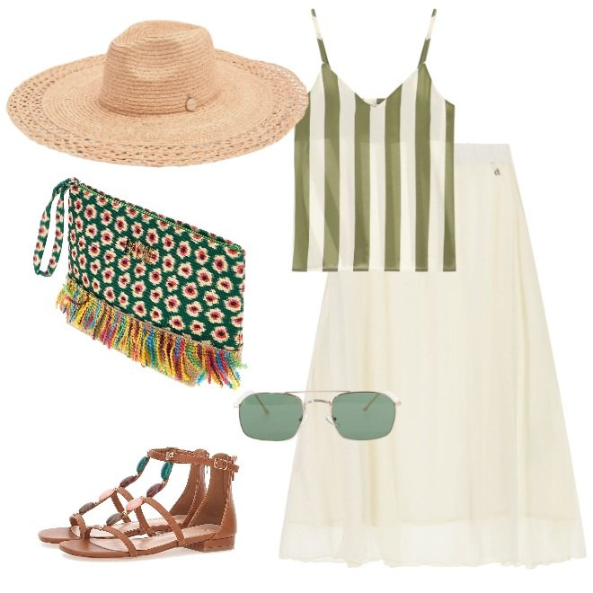 Outfit donna - Cappello di paglia e sandali. Stile Boho per Mare. Abbinamento con occhiali da sole, gonne lunghe, top, cappelli, pochette, sandali gioiello.