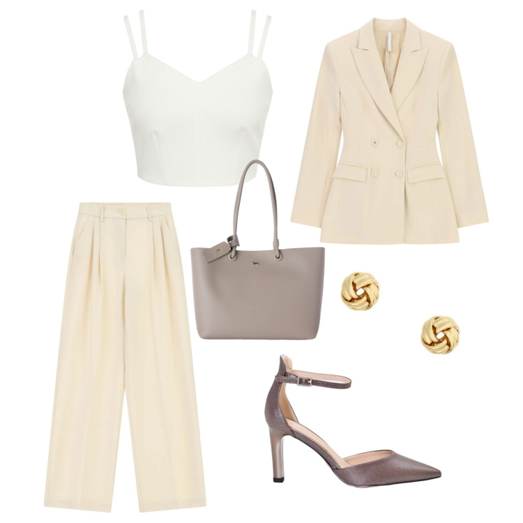 Outfit donna - Eleganza minimal 🤍. Stile Chic per Ufficio. Abbinamento con shopping bag, pantaloni a palazzo, blazer, top, décolleté, orecchini.