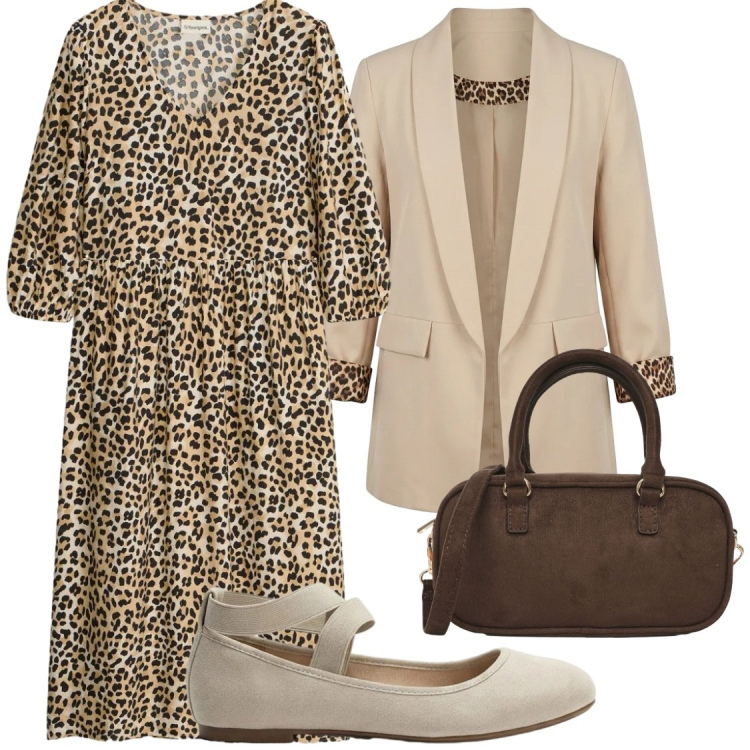 Outfit donna - Animalier di giorno. Stile Chic per Ufficio. Abbinamento con ballerine, vestiti, borse a tracolla, blazer.