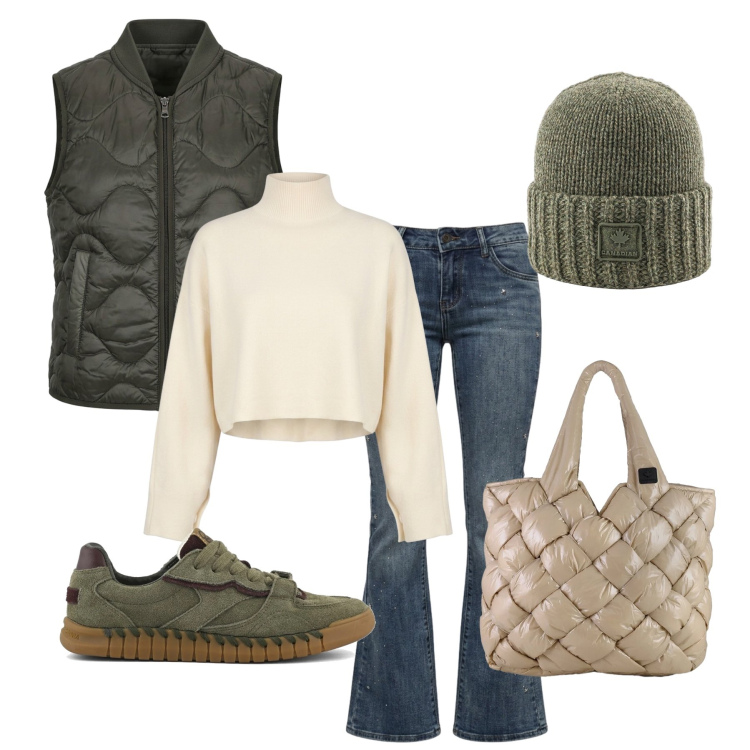 Outfit donna - Back to school. Stile Casual per Scuola/Università. Abbinamento con maglieria, jeans bootcut, berretti, borse tote, piumini, sneakers.
