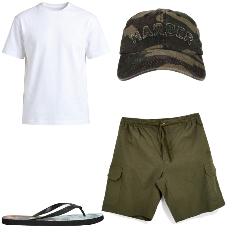 Outfit uomo - Total look #2464120. Stile Casual per Mare. Abbinamento con t-shirt, sandali, cappelli con visiera, bermuda.