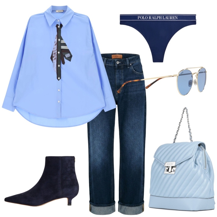 Outfit donna - Blu protagonista. Stile Urban per Tutti i giorni. Abbinamento con zaini, camicie, jeans dritti, perizomi, stivaletti, occhiali da sole.