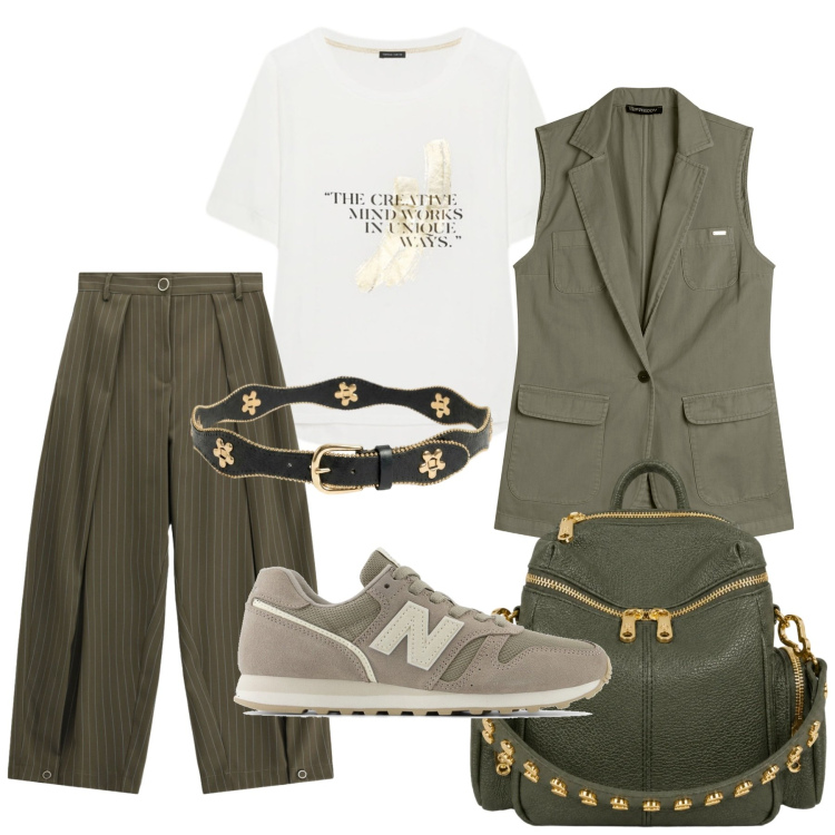 Outfit donna - Total look #2464132. Stile Etnico per Ufficio. Abbinamento con pantaloni a palazzo, gilet, t-shirt, zaini, cinture, sneakers.