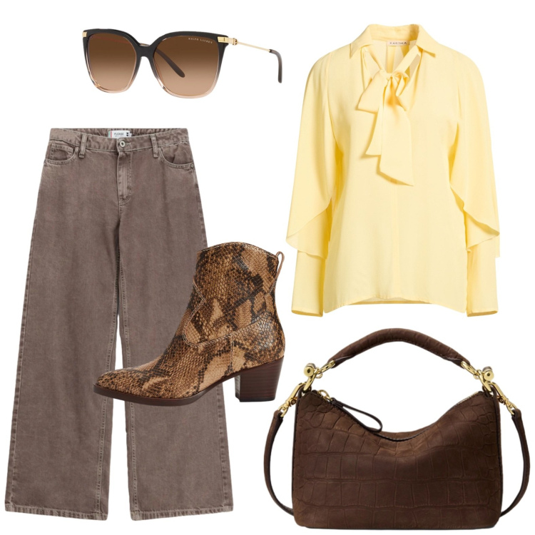 Outfit donna - Un tocco country. Stile Etnico per Ufficio. Abbinamento con top, jeans dritti, occhiali da sole, stivaletti, borse a spalla.