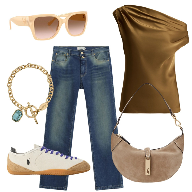Outfit donna - Occhiali da diva. Stile Minimal per Tutti i giorni. Abbinamento con jeans slim fit, top, borse a spalla, occhiali da sole, braccialetti, sneakers.