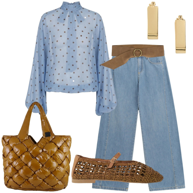 Outfit donna - Ufficio. Stile Casual chic per Ufficio. Abbinamento con jeans, ballerine, cinture, borse tote, bluse, orecchini.