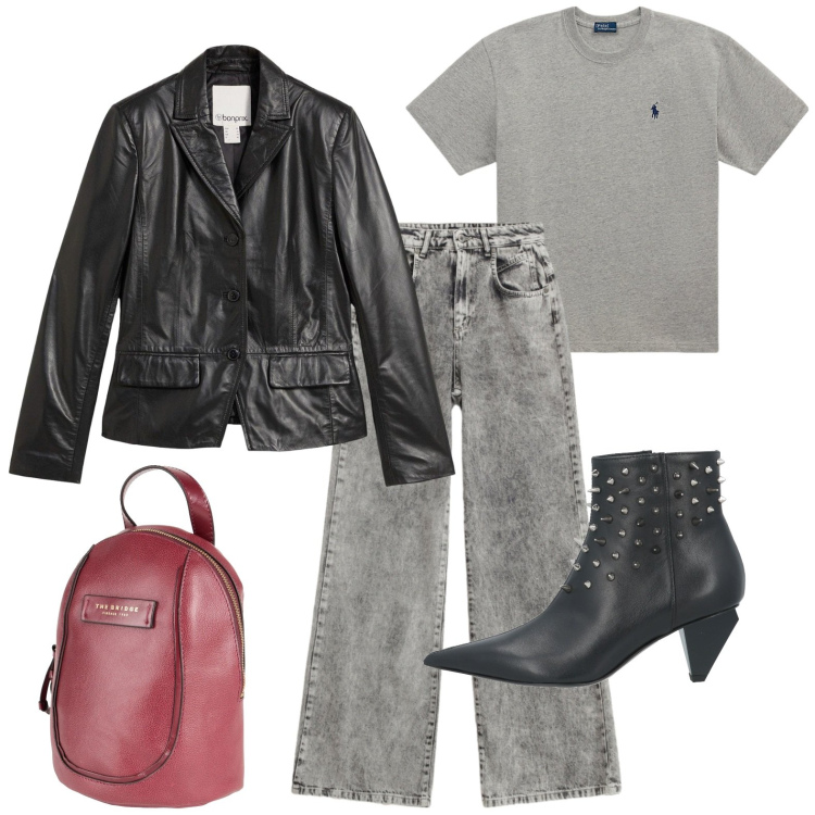 Outfit donna - Stile rock. Stile Rock per Ufficio. Abbinamento con zaini, stivaletti, blazer, jeans, t-shirt.
