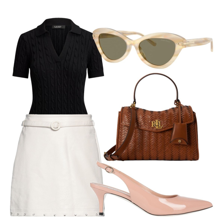 Outfit donna - Giornata full. Stile Bon Ton per Tutti i giorni. Abbinamento con minigonne, décolleté, occhiali da sole, borse a mano, polo.