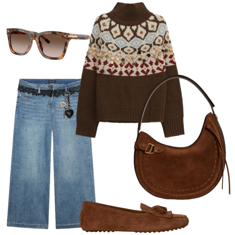 Outfit donna - Camoscio protagonista. Stile Casual per Tutti i giorni. Abbinamento con pullovers, jeans, mocassini, occhiali da sole, borse a spalla.