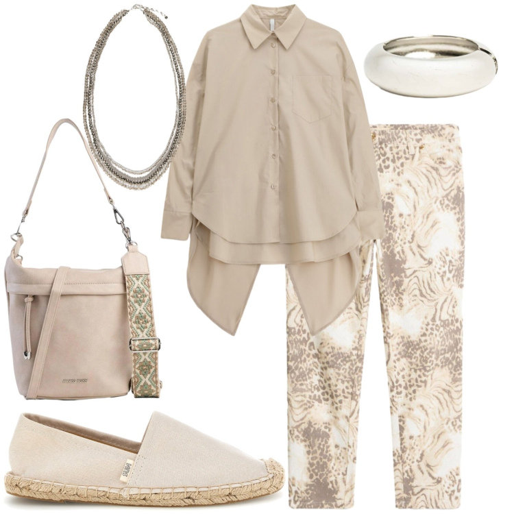 Outfit donna - Comodità. Stile Casual per Tutti i giorni. Abbinamento con pantaloni, borse a tracolla, camicie, collane, braccialetti, espadrillas.