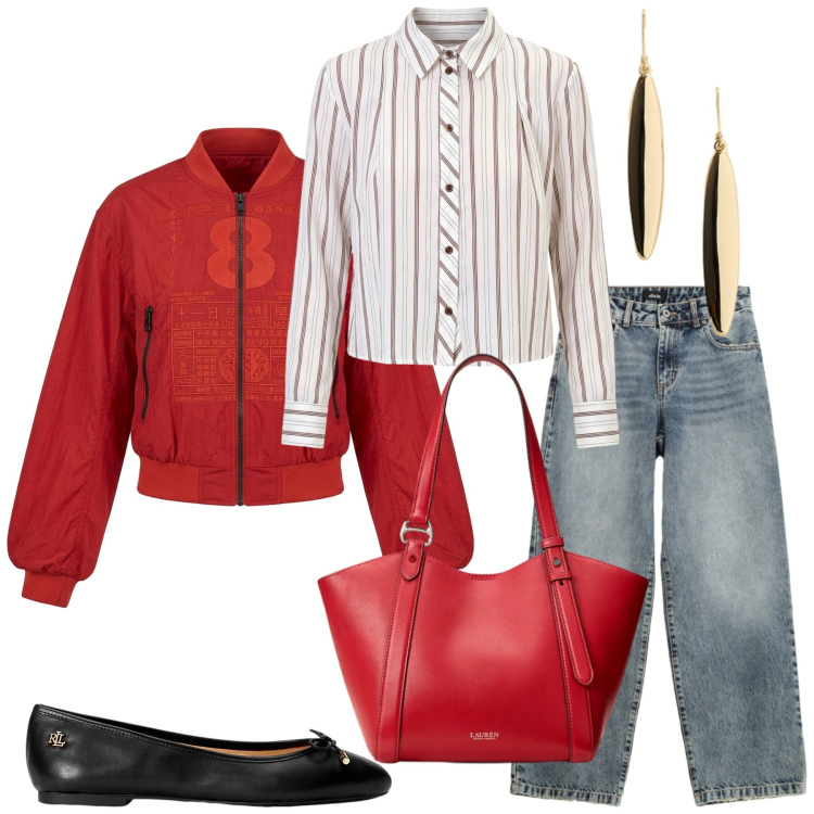 Outfit donna - Total look #2464179. Stile Casual chic per Serata fuori. look ideale per Petite. Abbinamento con jeans dritti, camicie, bomber, borse tote, ballerine, orecchini.