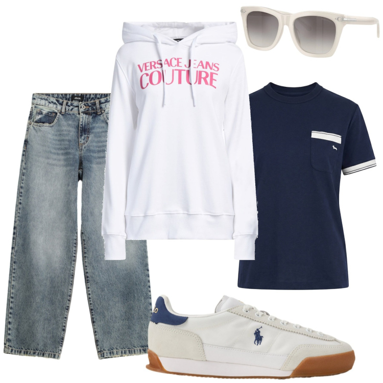 Outfit donna - Total look #2464183. Stile Sporty chic per Tutti i giorni. Abbinamento con felpe con cappuccio, t-shirt, jeans dritti, occhiali da sole, sneakers.