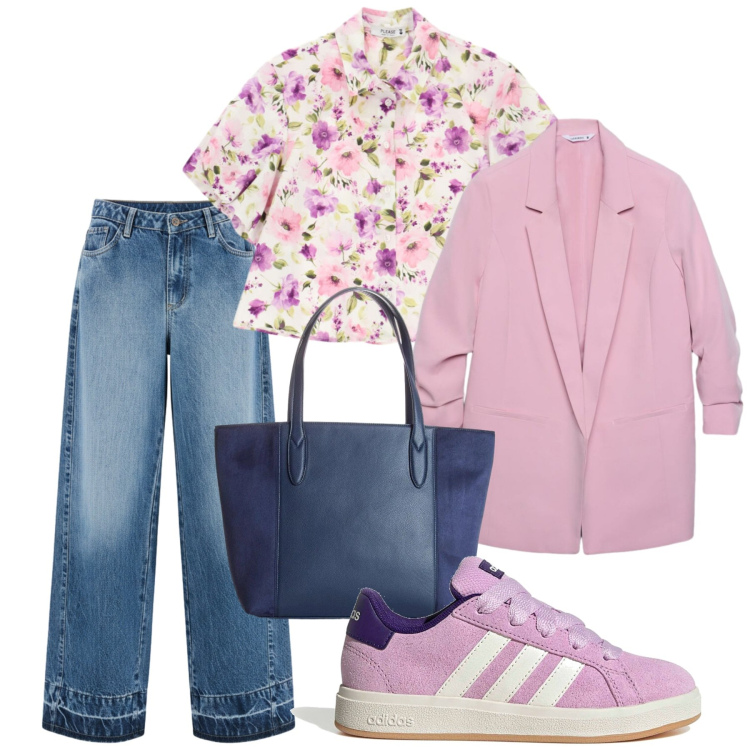 Outfit donna - Total look #2464187. Stile Casual chic per Ufficio. Abbinamento con shopping bag, blazer, jeans dritti, camicie a manica corta, sneakers.