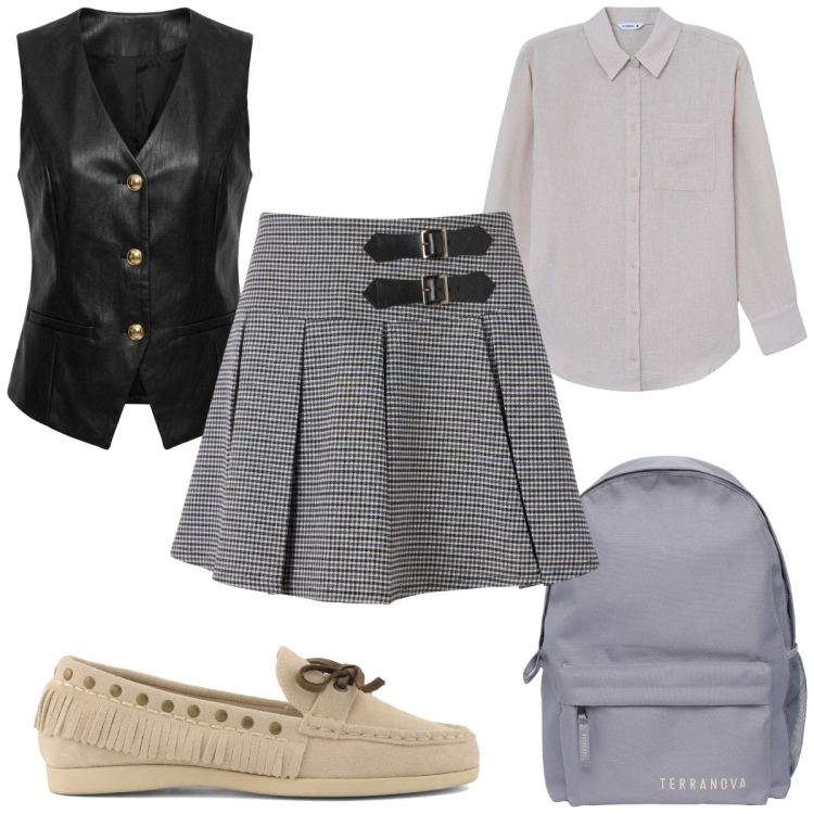 Outfit donna - Back to School low cost. Stile Preppy per Scuola/Università. Abbinamento con minigonne, camicie, zaini, gilet, mocassini.