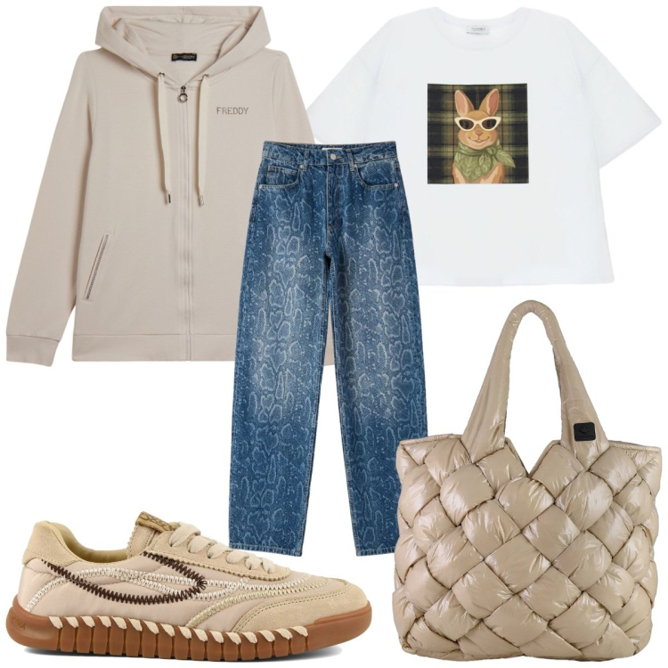 Outfit donna - Back to School in jeans. Stile Casual per Scuola/Università. Abbinamento con t-shirt, jeans dritti, felpe con cappuccio, borse tote, sneakers.