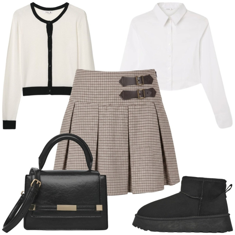 Outfit donna - Back to School con Terranova. Stile Preppy per Scuola/Università. Abbinamento con stivaletti, cardigans, camicie, minigonne, borse a spalla.