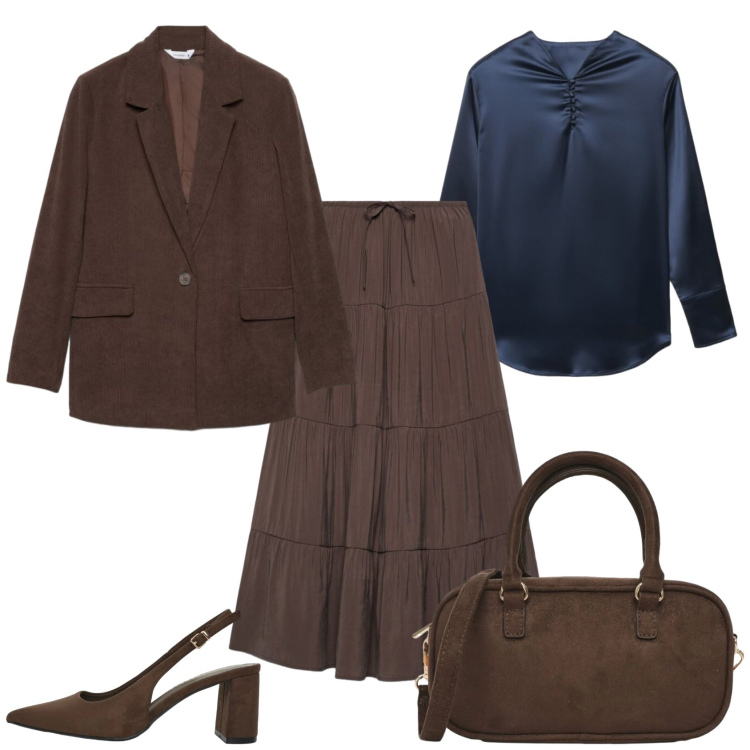 Outfit donna - Total look #2464193. Stile Casual chic per Ufficio. Abbinamento con gonne lunghe, décolleté, borse a tracolla, blazer, bluse.