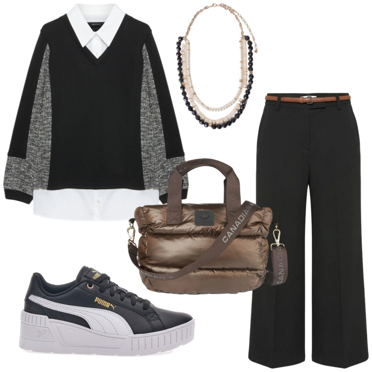 Outfit donna - Total look #2464194. Stile Basic per Tutti i giorni. Abbinamento con pantaloni, felpe, collane, borse a tracolla, sneakers.