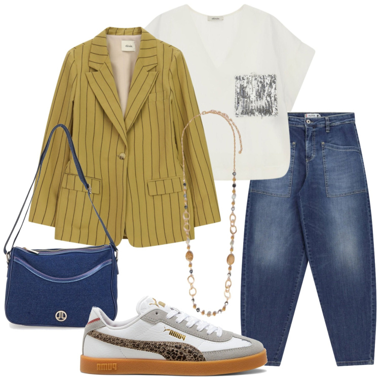 Outfit donna - Total look #2464196. Stile Trendy per Serata fuori. Abbinamento con bluse, blazer, jeans, collane, sneakers, borse a tracolla.