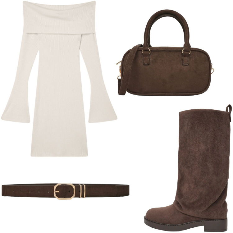 Outfit donna - Easy per l\'autunno. Stile Casual chic per Tutti i giorni. Abbinamento con borse a tracolla, stivali, vestiti corti, cinture.