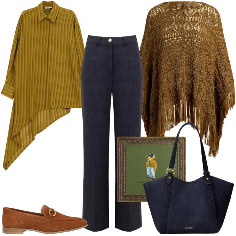 Outfit donna - Un contrasto d\'impatto ed elegante. Stile Casual chic per Tutti i giorni. look ideale per Tall. Abbinamento con mocassini, camicie, pantaloni a palazzo, cappotti, foulard, borse tote.