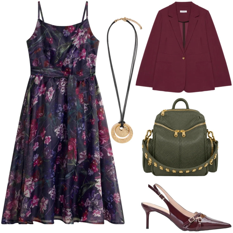 Outfit donna - Eleganza per il rientro. Stile Urban per Tutti i giorni. Abbinamento con vestiti midi/longuette, décolleté, blazer, ciondoli, zaini.