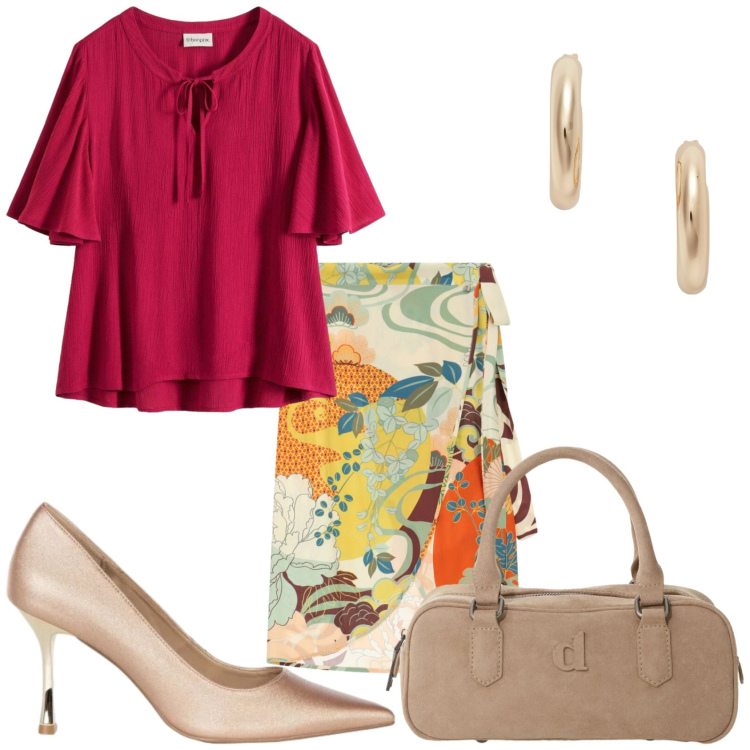 Outfit donna - Colore di fine estate. Stile Glamour per Tutti i giorni. Abbinamento con camicie a manica corta, borse a mano, gonne longuette, décolleté, orecchini.