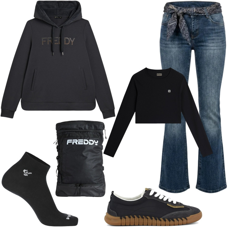 Outfit donna - Riorno a scuola. Stile Casual per Scuola/Università. Abbinamento con maglieria, zaini, calzini, felpe con cappuccio, jeans bootcut, sneakers.