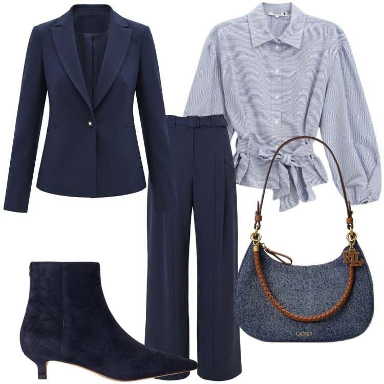 Outfit donna - Sfumature di blu. Stile Chic per Ufficio. Abbinamento con pantaloni a palazzo, blazer, camicie, borse a spalla, stivaletti.