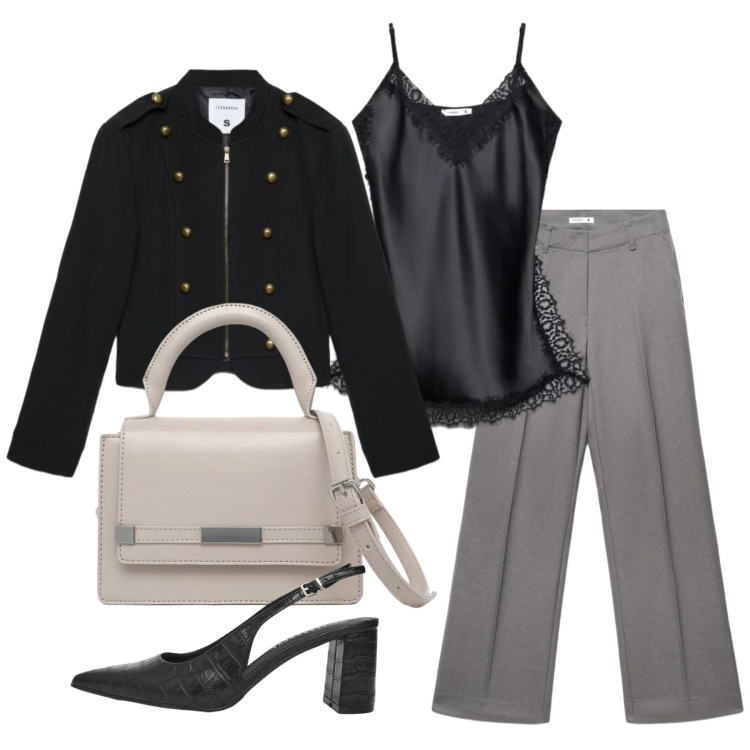 Outfit donna - Settembre. Stile Trendy per Tutti i giorni. Abbinamento con borse a tracolla, décolleté, top, pantaloni, blazer.