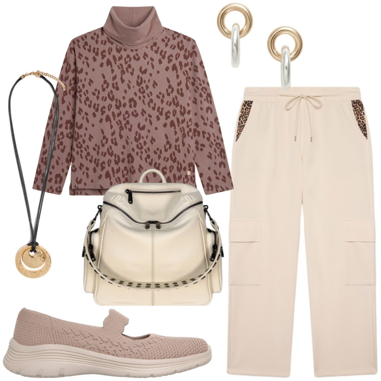 Outfit donna - Sporty chic. Stile Sporty chic per Tutti i giorni. Abbinamento con felpe, ciondoli, pantaloni cargo, zaini, orecchini, ballerine.