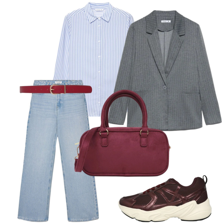 Outfit donna - Urban holiday. per Tutti i giorni. Abbinamento con blazer, jeans, sneakers, borse a tracolla, cinture, camicie.