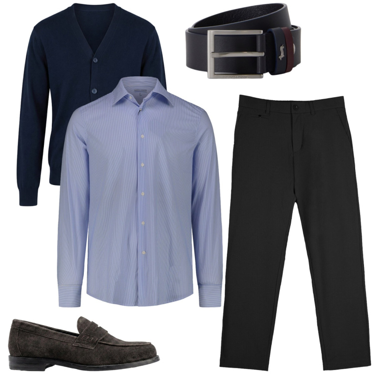Outfit uomo - Total look #2464253. Stile Casual per Ufficio. Abbinamento con cardigans, cinture, camicie, scarpe stringate, pantaloni chino.